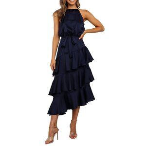 NWOT Petal & Pup Seychelle Navy Blue Asymmetric Tiered Midi Dress P2902